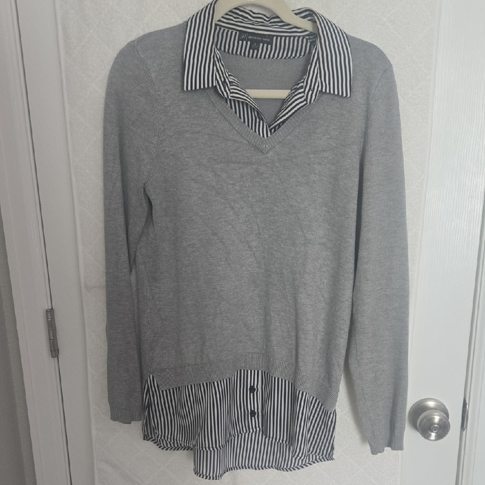 Adrianna Papell Gray V-Neck Sweater with Black-and-White Striped Shirt Detail